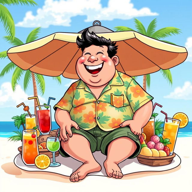 A humorous illustration of a jovial, plump man with a big smile, wearing a colorful Hawaiian shirt and cargo shorts