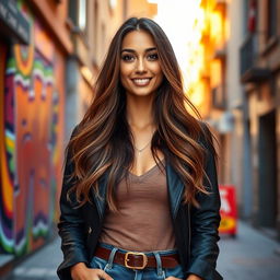 A beautiful, confident young woman in a stylish outfit, exuding a captivating charm
