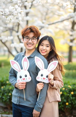 A cheerful Korean couple posing for a photo, the man has disheveled reddish hair and is wearing casual clothing