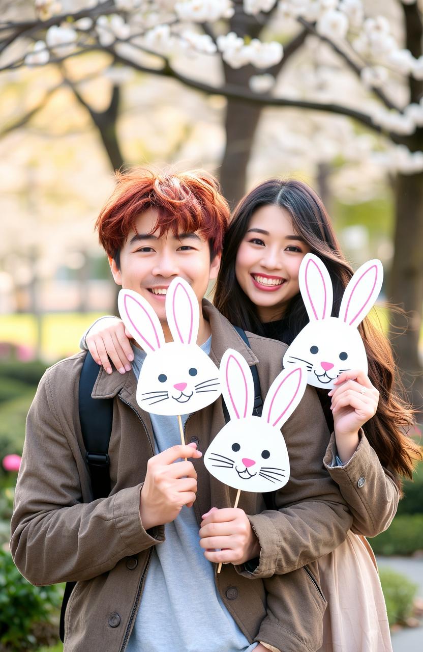 A cheerful Korean couple posing for a photo, the man has disheveled reddish hair and is wearing casual clothing