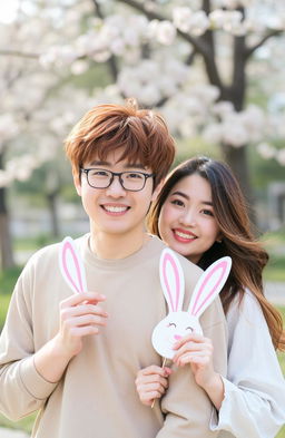 A cheerful Korean couple posing for a photo, the man has disheveled reddish hair and is wearing casual clothing
