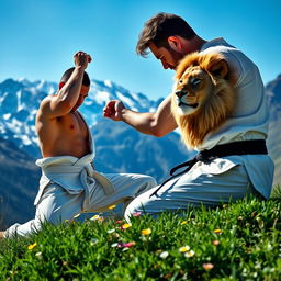 A judo practitioner practicing in a mountainous landscape, showcasing strength and discipline