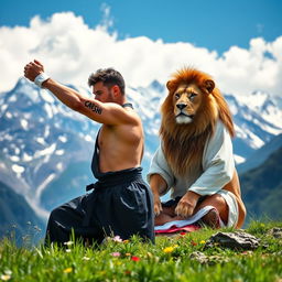 A judo practitioner practicing in a mountainous landscape, showcasing strength and discipline