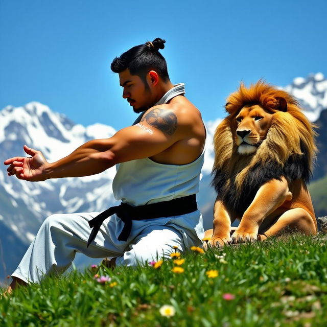 A judo practitioner practicing in a mountainous landscape, showcasing strength and discipline