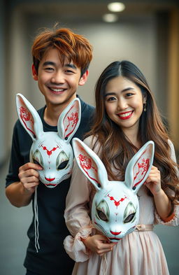 A Korean couple standing together, the man with disheveled reddish hair and a playful expression, while the 32-year-old woman has long, flowing hair and a cheerful smile