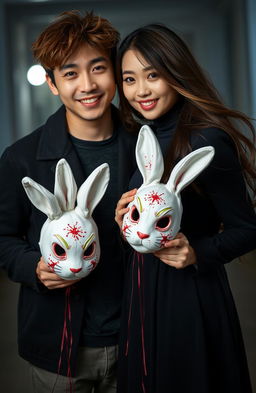 A Korean couple standing together, the man with disheveled reddish hair and a playful expression, while the 32-year-old woman has long, flowing hair and a cheerful smile