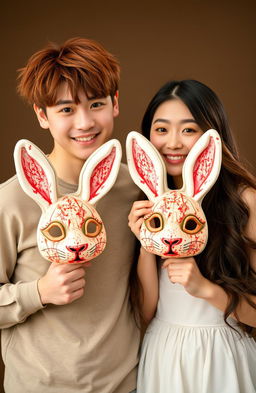 A Korean couple standing together, the man with disheveled reddish hair and a playful expression, while the 32-year-old woman has long, flowing hair and a cheerful smile