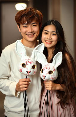A Korean couple standing together, the man with disheveled reddish hair and a playful expression, while the 32-year-old woman has long, flowing hair and a cheerful smile