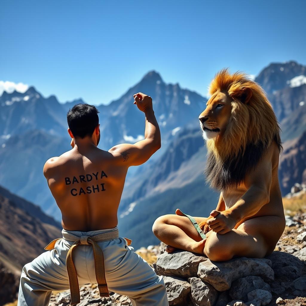 A judo practitioner with the tattoo 'BARDYA CASHI' on their body, practicing in a majestic mountain landscape, exuding determination and strength