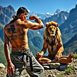 A judo practitioner with the tattoo 'BARDYA CASHI' on their body, practicing in a majestic mountain landscape, exuding determination and strength