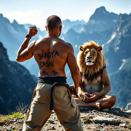 A judo practitioner with the tattoo 'BARDYA CASHI' on their body, practicing in a majestic mountain landscape, exuding determination and strength