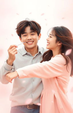 A warm and romantic scene featuring a Korean couple in an affectionate moment