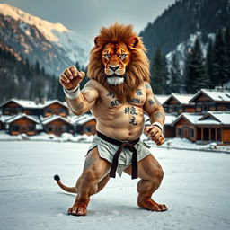 A judoka lion in training, showcasing its impressive physique in a cold mountain and forest setting
