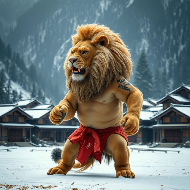 A judoka lion in training, showcasing its impressive physique in a cold mountain and forest setting