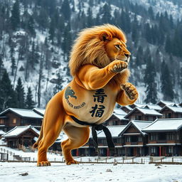 A judoka lion in training, showcasing its impressive physique in a cold mountain and forest setting