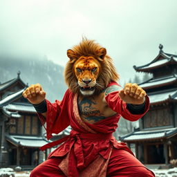 A fierce lion in a Kung Fu outfit, practicing martial arts in a cold mountainous and forested landscape