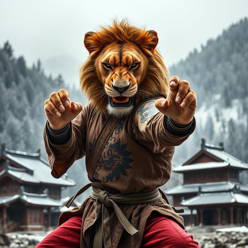 A fierce lion in a Kung Fu outfit, practicing martial arts in a cold mountainous and forested landscape