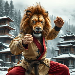 A fierce lion in a Kung Fu outfit, practicing martial arts in a cold mountainous and forested landscape