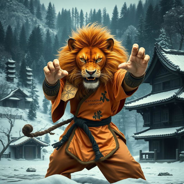 A fierce lion in a Kung Fu outfit, practicing martial arts in a cold mountainous and forested landscape