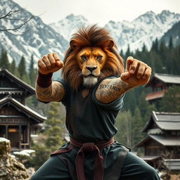 A fierce-looking lion wearing a Kung Fu outfit, practicing a martial arts stance in a cold mountainous forest