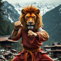 A fierce-looking lion wearing a Kung Fu outfit, practicing a martial arts stance in a cold mountainous forest