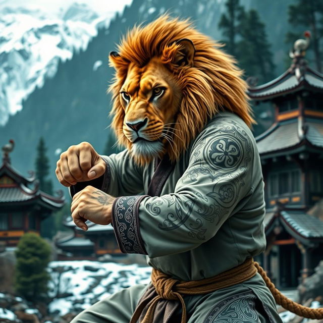 A fierce-looking lion wearing a Kung Fu outfit, practicing a martial arts stance in a cold mountainous forest