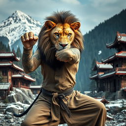 A fierce-looking lion wearing a Kung Fu outfit, practicing a martial arts stance in a cold mountainous forest