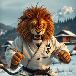 A fierce lion wearing a judo outfit, training with a display of anger in a cold mountain and forest setting