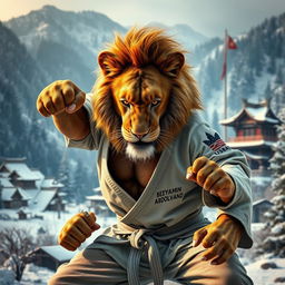 A fierce lion wearing a judo outfit, training with a display of anger in a cold mountain and forest setting