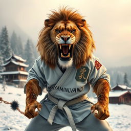 A fierce lion wearing a judo outfit, training with a display of anger in a cold mountain and forest setting