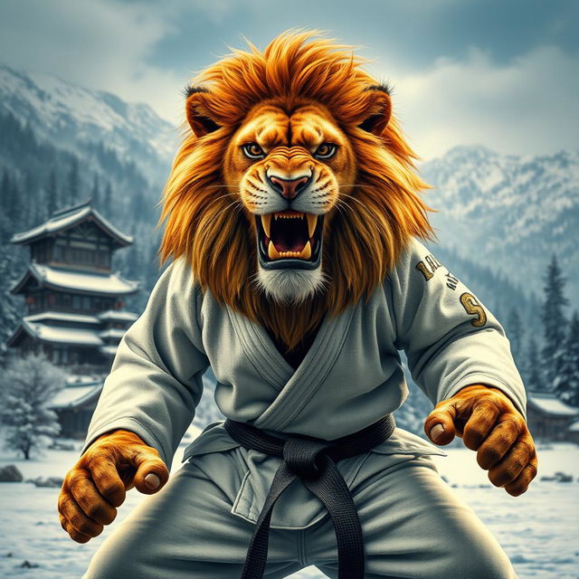 A fierce lion wearing a judo outfit, training with a display of anger in a cold mountain and forest setting