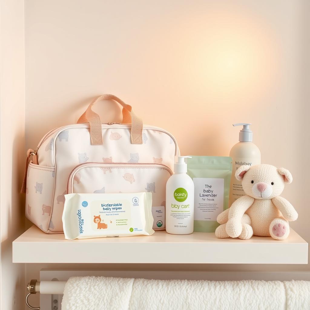 An array of beautifully designed baby care products displayed on a bright and cheerful nursery shelf