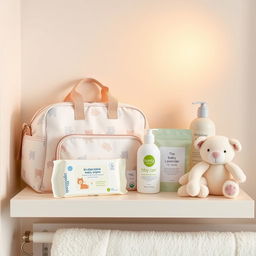 An array of beautifully designed baby care products displayed on a bright and cheerful nursery shelf