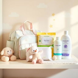 An array of beautifully designed baby care products displayed on a bright and cheerful nursery shelf