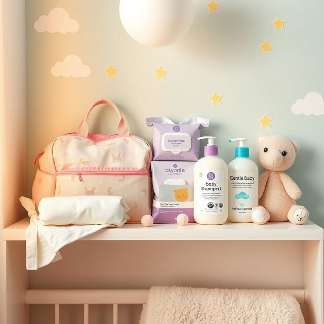 An array of beautifully designed baby care products displayed on a bright and cheerful nursery shelf