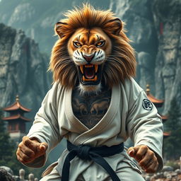 A fierce lion training in a mountainous forest, wearing a judo gi, showcasing power and intensity