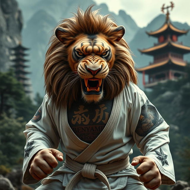 A fierce lion training in a mountainous forest, wearing a judo gi, showcasing power and intensity