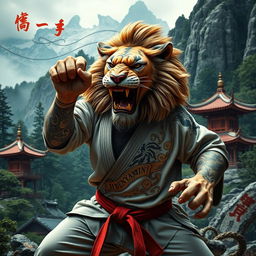 A fierce lion training in a mountainous forest, wearing a judo gi, showcasing power and intensity