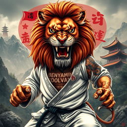 A fierce lion training in a mountainous forest, wearing a judo gi, showcasing power and intensity