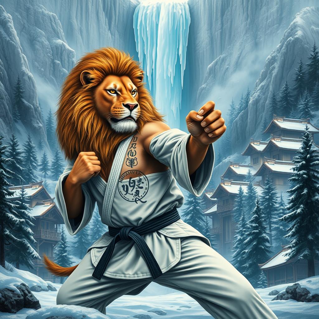 A fierce lion practicing judo in a cold mountainous forest, with a majestic ice waterfall above it