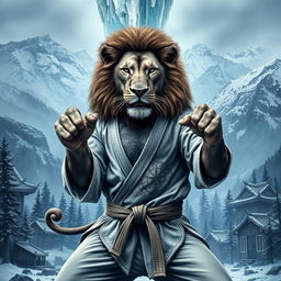 A fierce lion practicing judo in a cold mountainous forest, with a majestic ice waterfall above it
