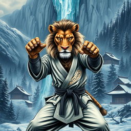 A fierce lion practicing judo in a cold mountainous forest, with a majestic ice waterfall above it