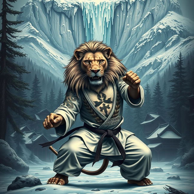 A fierce lion practicing judo in a cold mountainous forest, with a majestic ice waterfall above it