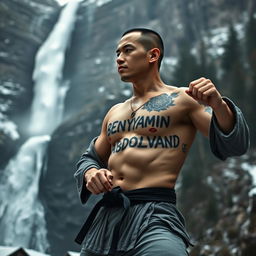 A serene scene depicting a frozen waterfall cascading down from above, where a determined Chinese martial arts practitioner is training in a cold mountainous and forested environment