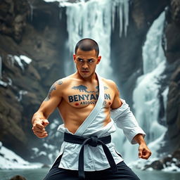 A serene scene depicting a frozen waterfall cascading down from above, where a determined Chinese martial arts practitioner is training in a cold mountainous and forested environment