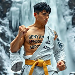 A serene scene depicting a frozen waterfall cascading down from above, where a determined Chinese martial arts practitioner is training in a cold mountainous and forested environment