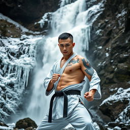 A serene scene depicting a frozen waterfall cascading down from above, where a determined Chinese martial arts practitioner is training in a cold mountainous and forested environment