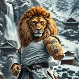 A proud lion with a frown, wearing a judo outfit, standing majestically in a snowy mountain landscape