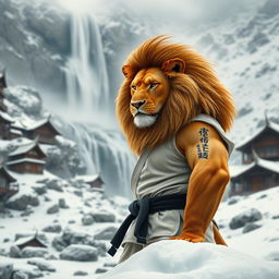 A proud lion with a frown, wearing a judo outfit, standing majestically in a snowy mountain landscape