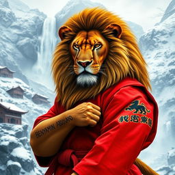 A proud lion with a frown, wearing a judo outfit, standing majestically in a snowy mountain landscape